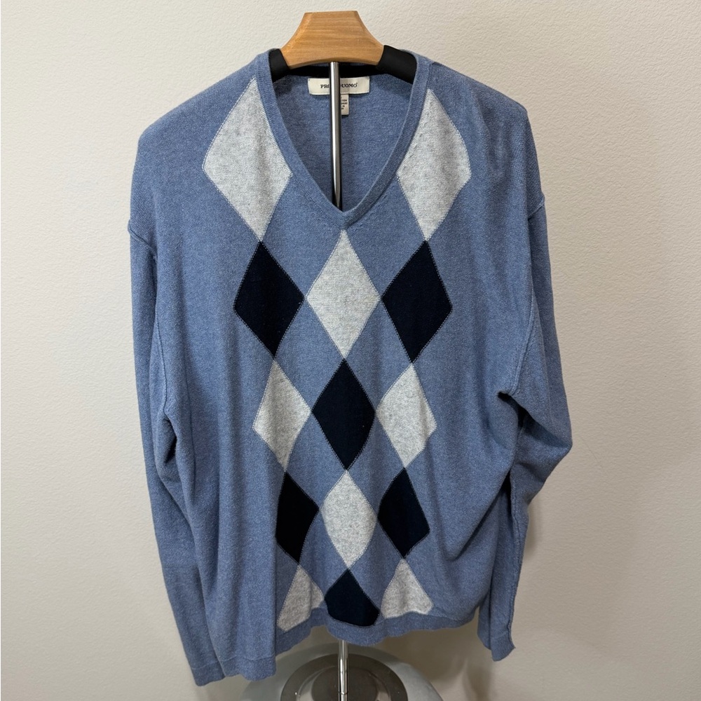 🔥SALE🔥 Pronto Uomo Cashmere blend Blue and Gray Argyle V-Neck Sweater M2